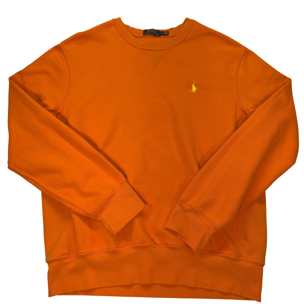 Polo Ralph Lauren Sweatshirt Mens L Orange Yellow Pony Fleece V Stitch - Picture 2 of 8